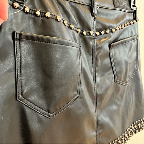 Black Studded Faux Leather Mini Skirt Asymmetrical Hem Rock Chic Y2K Staple - Picture 15 of 16